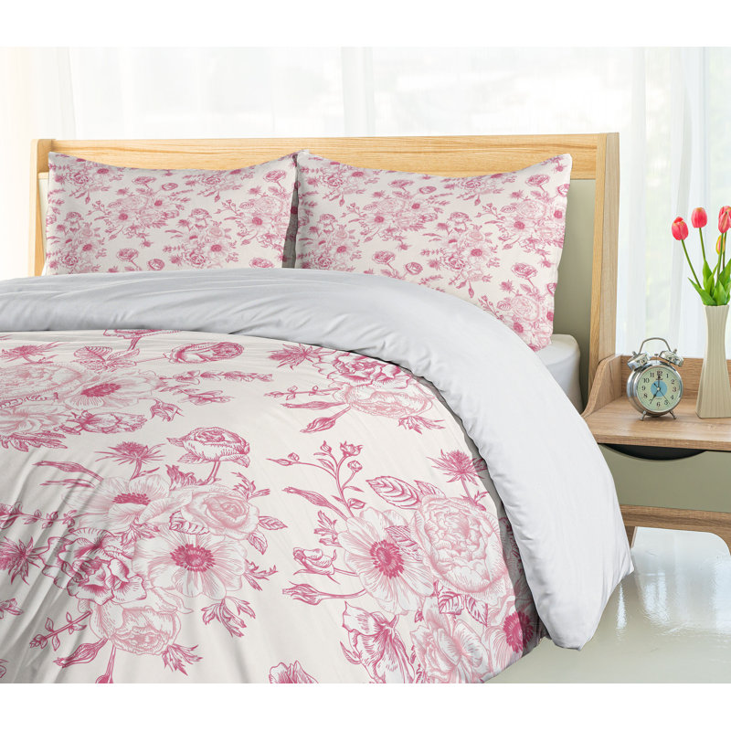 King Pale Pink Floral Cotton Duvet Cover Set with Pillow Shams
