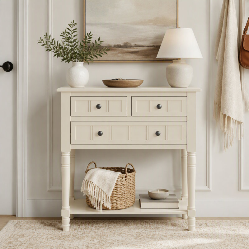 Console étroite, canapé mince avec trois tiroirs de rangement et tablette inférieure pour le salon, assemblage facile, Beige