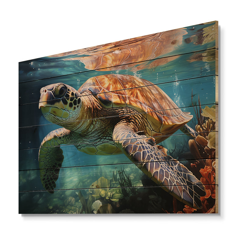 Tortue verte et bleue, rencontre avec des animaux marins sur bois, H 30 po x l 40 po x P 0,78 po
