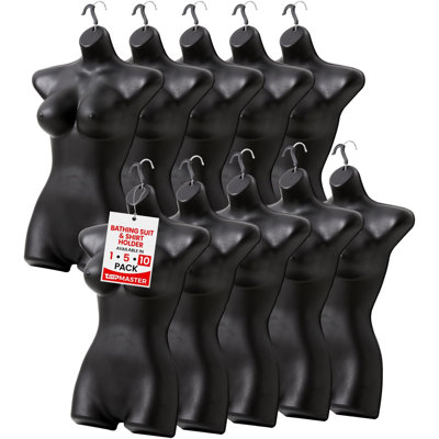 Topmaster Female Bathing Suit Holder - Durable Mannequin Torso, Lightweight And Portable Half Body Shirt Holder With Hanging Hook, Female Mannequin For Shirt And Swimwear, Black, Pack Of 10