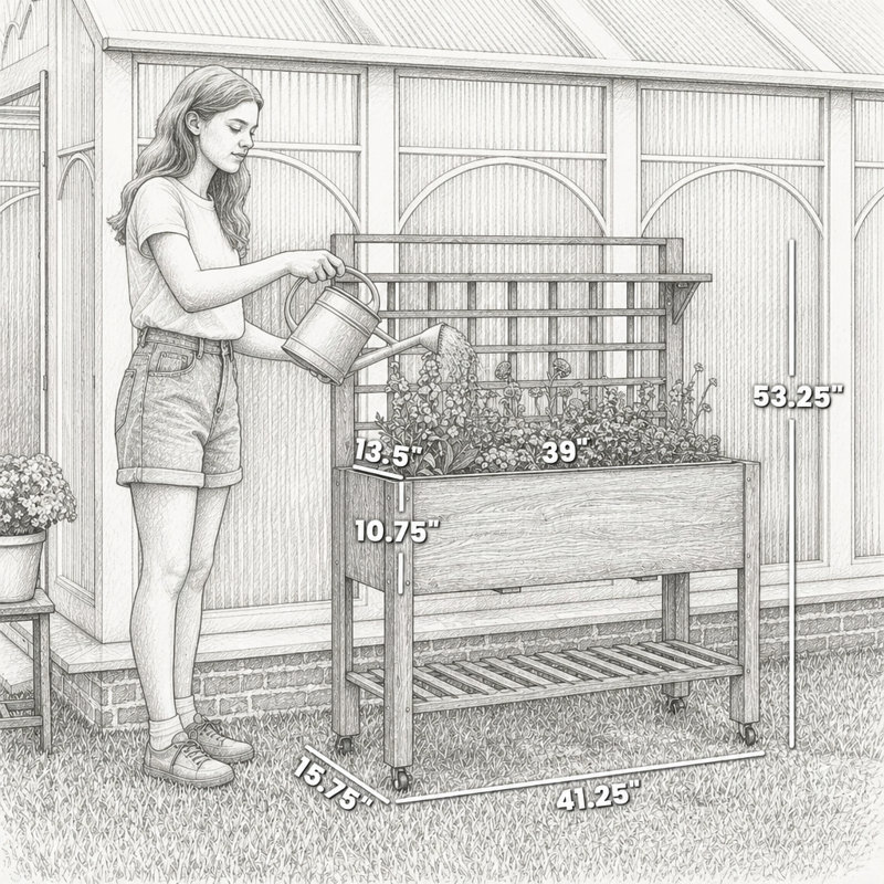 Potager surélevé mobile en bois avec treillis et rangement à plusieurs niveaux pour herbes aromatiques, légumes et fleurs
