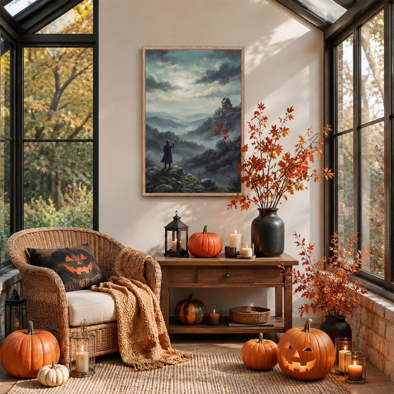 Homme avec télescope observant un observatoire sur une toile murale brumeuse d'Halloween, 48"H x 32"W