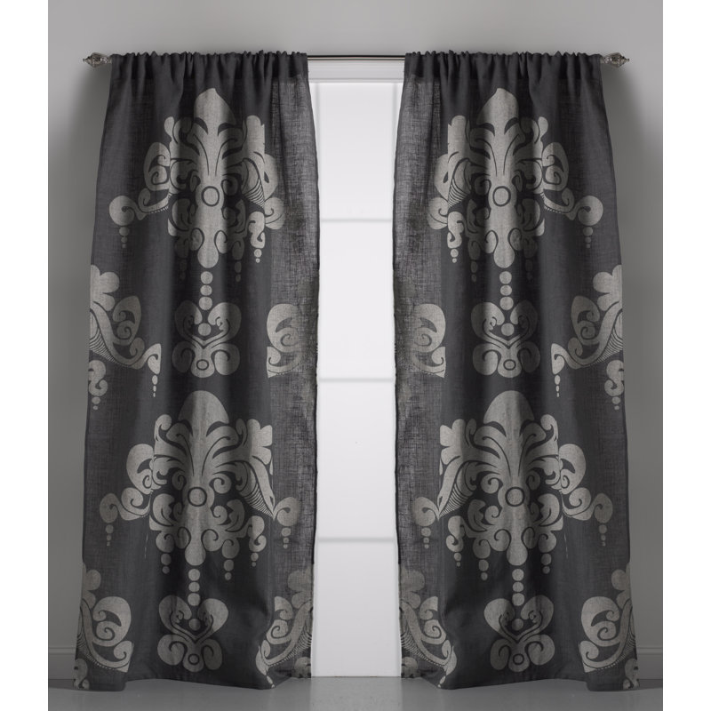 Jute Damask Room Darkening Rod Pocket Single Curtain Panel, 54" W x 84" L, Slate Gray / Pearlized Ivory