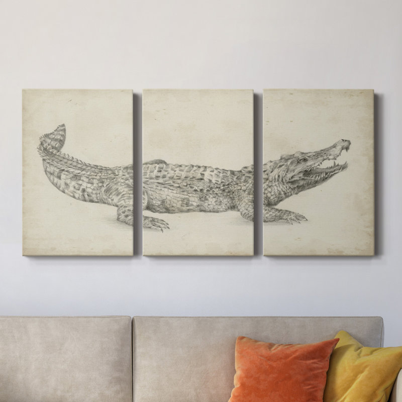 Croquis de crocodile - toile tendue avec châssis de qualité supérieure - prête à être accrochée, H 48 po x l 96 po x P 1 po