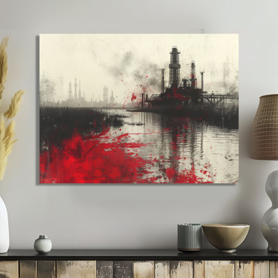 Red Black Winter Drilling Dawn Oil Rig I - Oil Rigs / Fields Wall Art Living Room