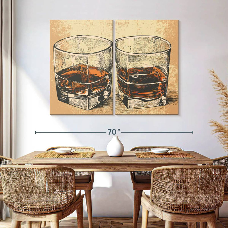 Ensemble de 2 verres à whisky rétro sur toile, H 42 po x l 57 po x P 1,25 po