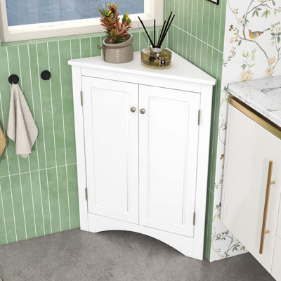 Armoire de rangement autoportante triangulaire pour salle de bain avec tablettes réglables