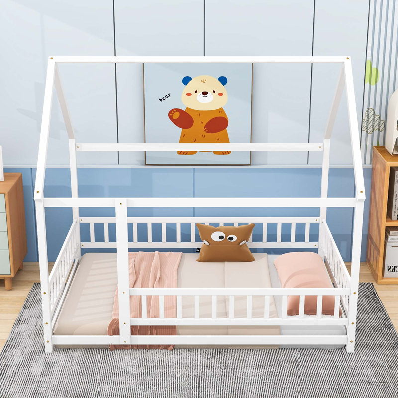 Lit sur pied en bois avec rails de sécurité et toit, Double, Blanc