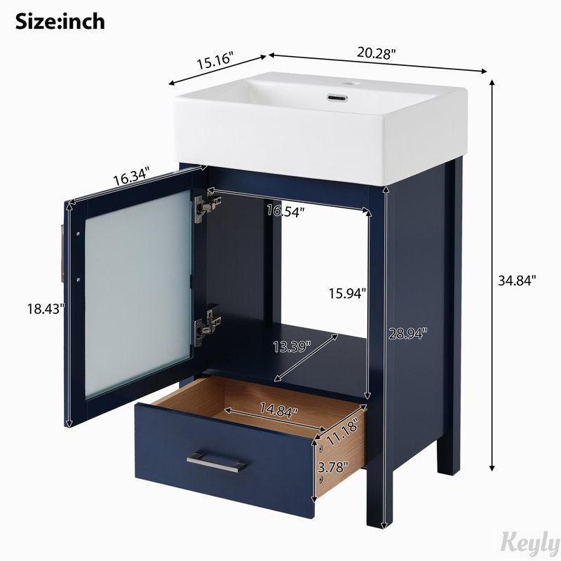 Meuble-lavabo de 20 pouces avec lavabo en céramique et beaucoup de rangement, Bleu