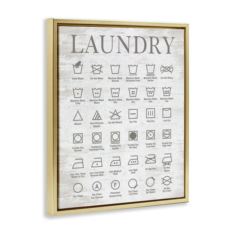"Laundry Symbols Guide", art mural encadré flottant par lettré et doublé, Cadre flottant métallique doré, H 21 po x l 17 po