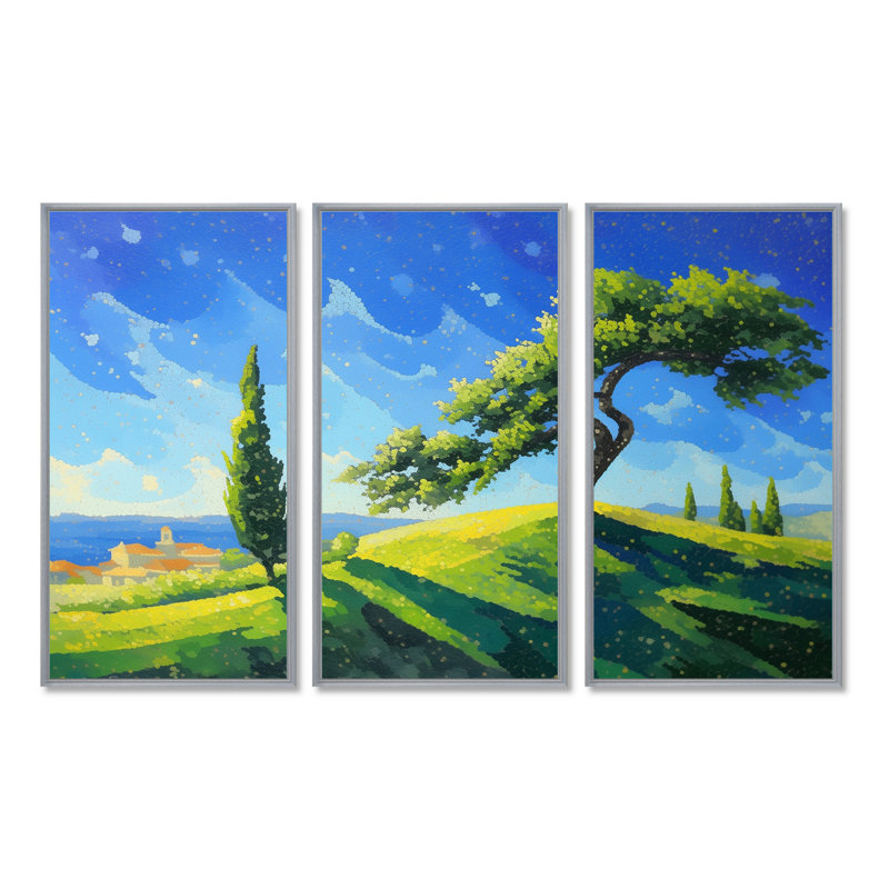«The Swaying Cypress Pointillism Reimagined I - Van Gogh», ensemble d'art mural, H 32 po x l 48 po, Silver