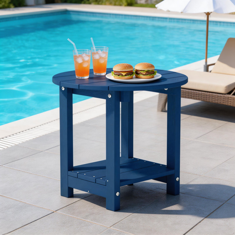 18" W x 18'' D HIPS Round Outdoor Side Table for Adirondack Chairs, 2-Tier Storage Easy Maintenance & Weather-Resistant Patio End Table with 330Lbs Load Bearing for Backyard, Pool, Patio, Porch, Garden, Lawn, Relaxing Companion, Navy Blue