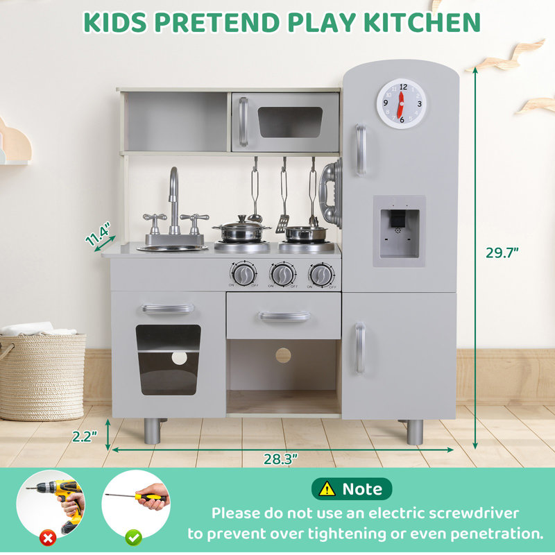 Role Play Wooden Kitchen Set for Kids, Modern Pretend Play Kitchen with Realistic Sounds & Storage, Complete Chef Toy for Toddlers & Preschoolers, Perfect Christmas Birthday Gift