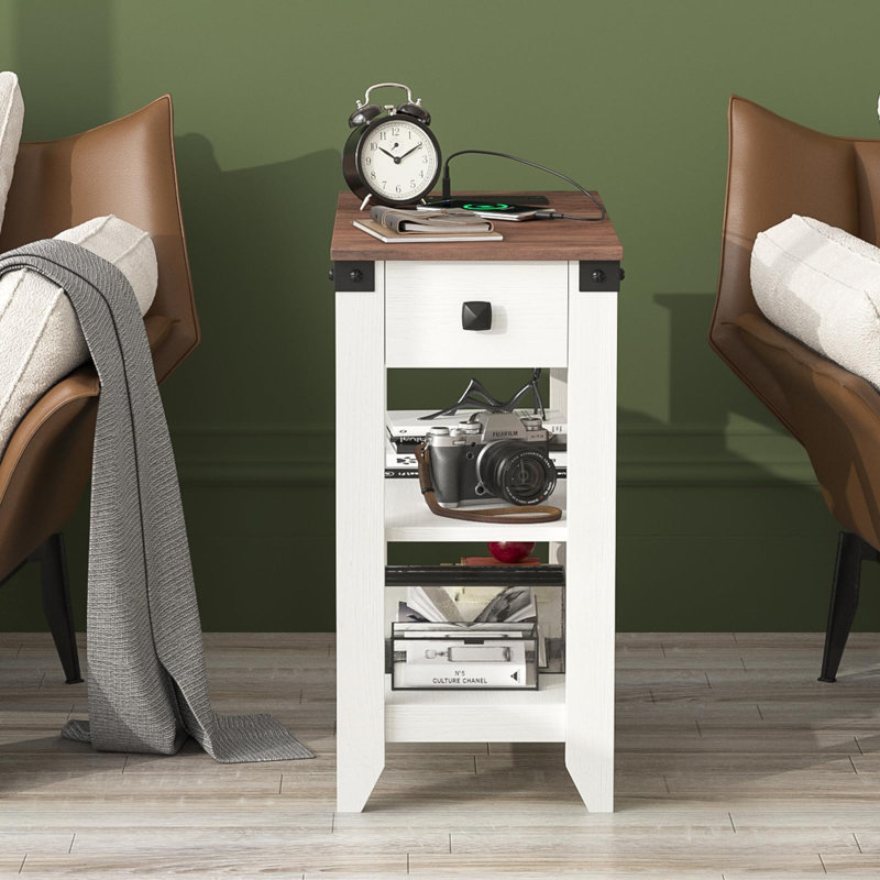 Ensemble de 2 tables de bout avec station de charge et rangement, Brun / Blanc