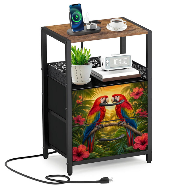Table de chevet avec 2 tiroirs en tissu et station de charge
