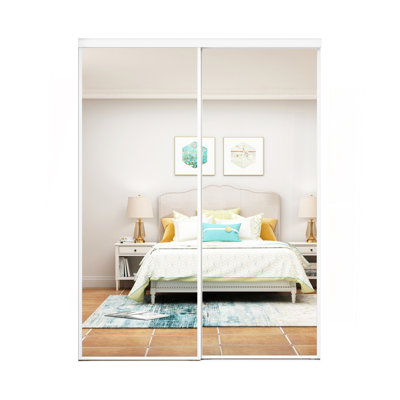 48 po L 80 po Porte coulissante à miroir avec cadre blanc en acier et garniture blanche