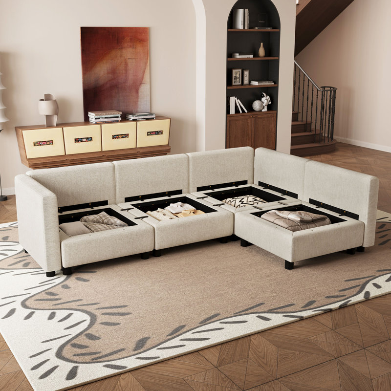 Canapé modulaire modulaire avec rangement pour le salon et le bureau personnel, Mélange de polyester beige
