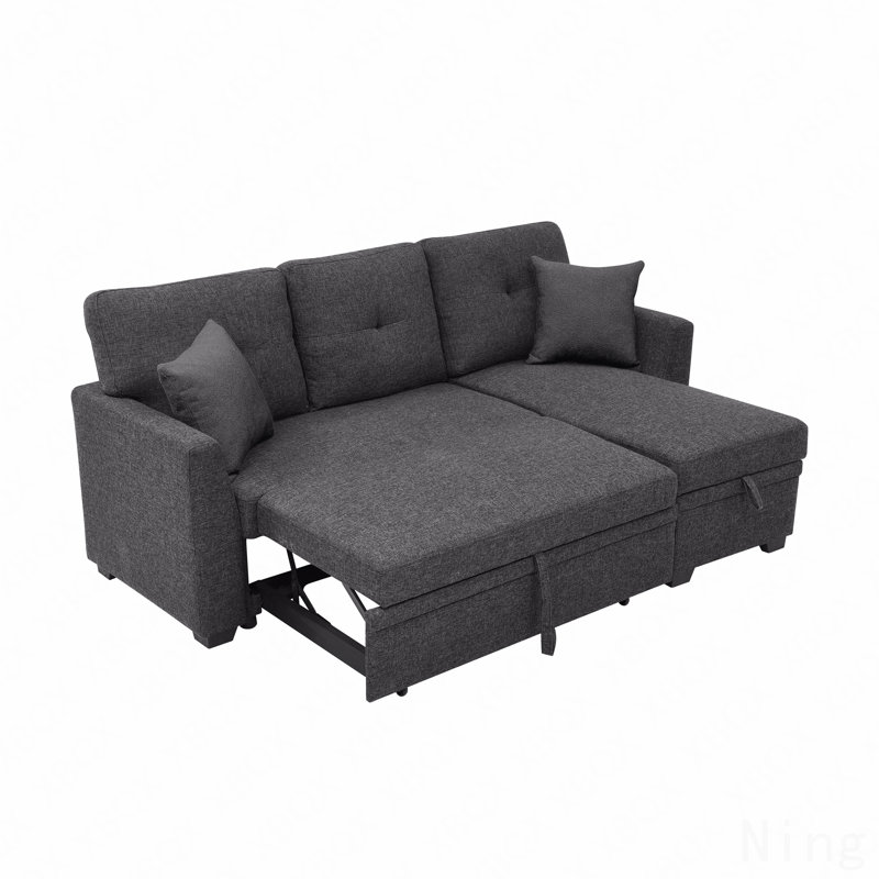 Canapé modulaire 76,5 po en mélange de lin avec lit escamotable et rangement pour chaise longue, Noir anthracite