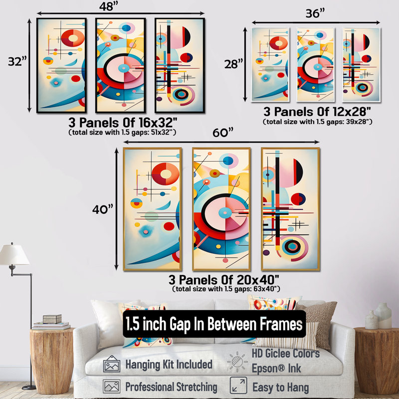 «Blue and Pink Abstract Geometric Vision 1» - art mural géométrique, Cadre flottant noir, H 28 po x l 36 po x P 1 po