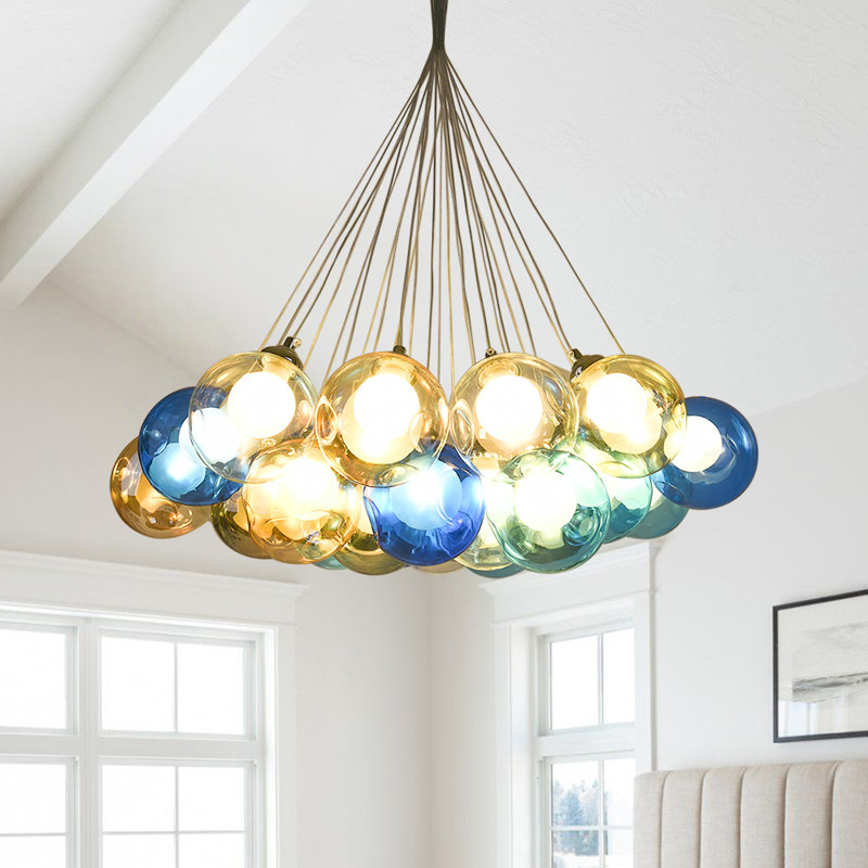 Lustre géométrique unique à 19 lumières Asawer, Bleu