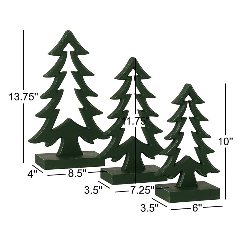 10"H, 11.75"H And 13.75"H Wooden Tree Set Of 3, Christmas Decor; Green