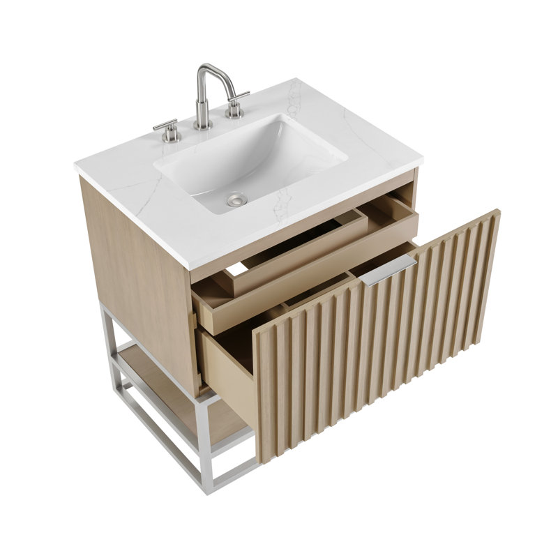 Terra 30'' W Single Vanity, Walnut, Brushed Nickel, Calacatta Quartz/Widespread Faucet Mount