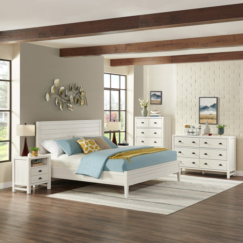 Arden 5-Piece Bedroom Set - Queen Bed, Two 2-Drawer Nightstands, 5-Drawer Chest, 6-Drawer Double Dresser, Solid Pine Wood, Light Driftwood Finish, Modern Rustic Style