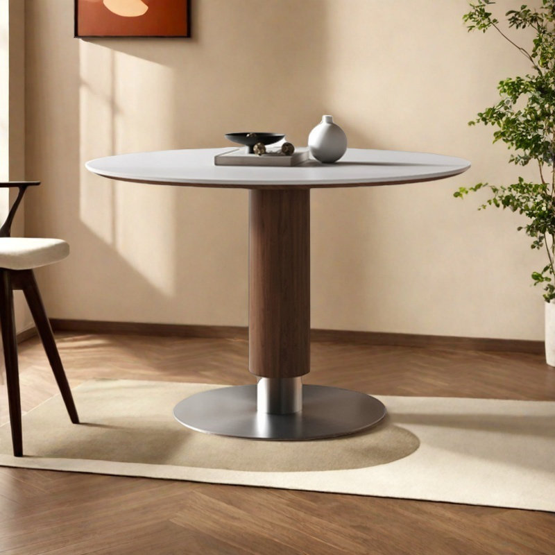 Table de salle à manger en pierre avec pieds en bois massif, H 29,5 po x L 43,3 po x l 43,3 po, Brun foncé