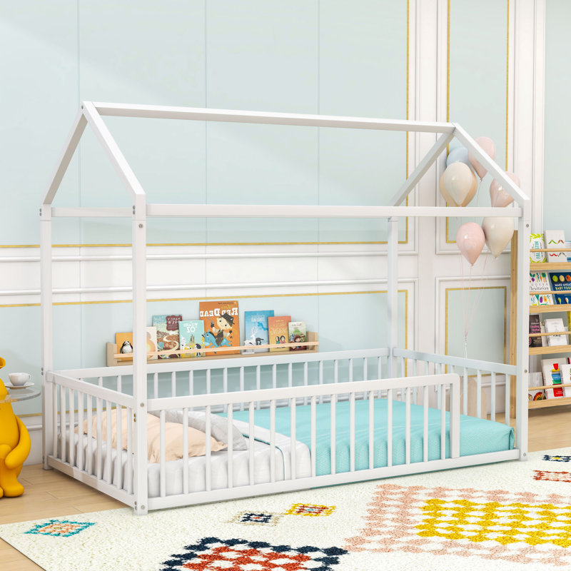 Metal Floor Bed With Safety Fence, Twin, White