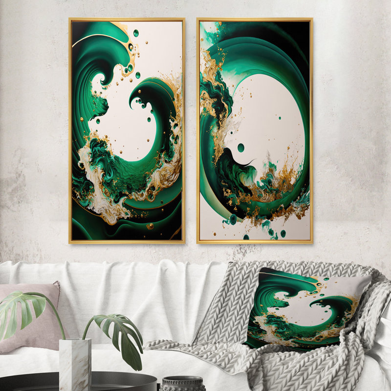 «Green Gold Abstract Waves», ensemble de 2 toiles - vert émeraude et vagues abstraites dorées I, Encadrement doré
