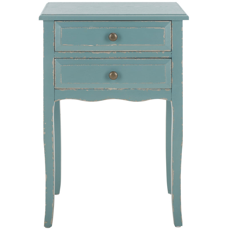 Table de chevet en bois massif à 2 tiroirs Bhavishya, Bleu pâle / fumée blanche