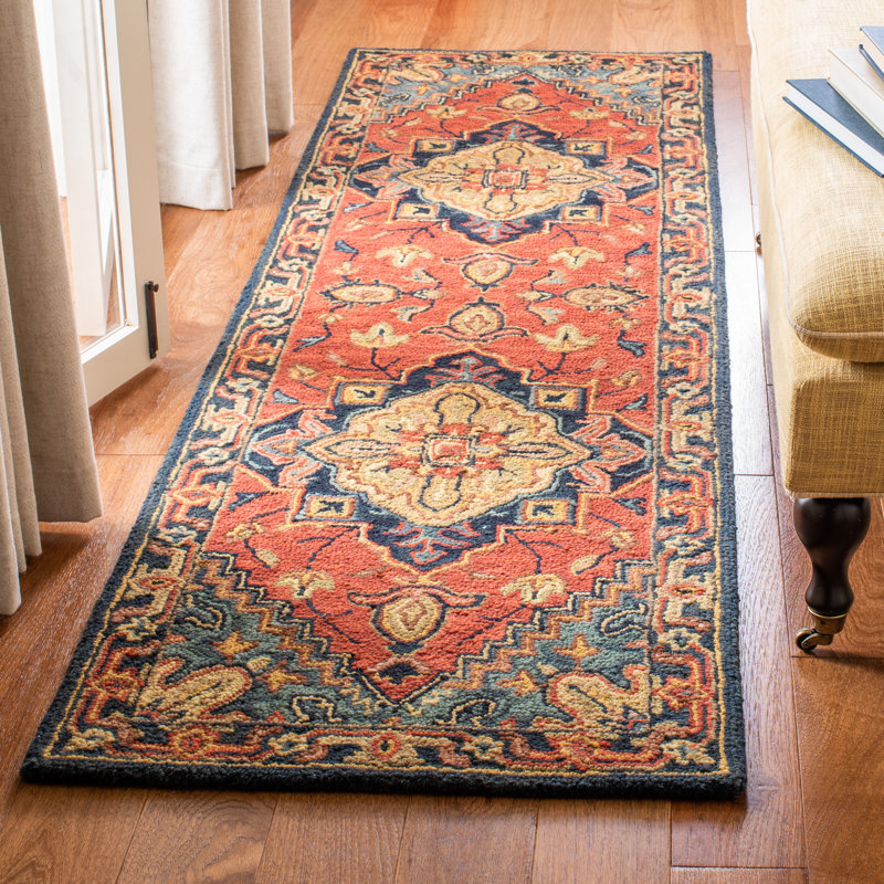 Bluffs Hand Loomed Wool/Cotton/Latex Oriental Rug in Red/Navy, Runner 2'3" x 12'