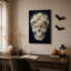 Art mural sur toile, crâne floral blanc avec feuilles vertes sur bleu foncé Halloween-841604329