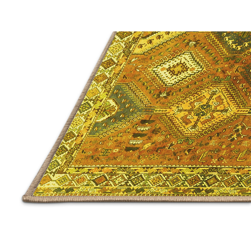 Tapis traditionnels jaunes lavables à la machine 4638, Rectangle 3 pi x 5 pi