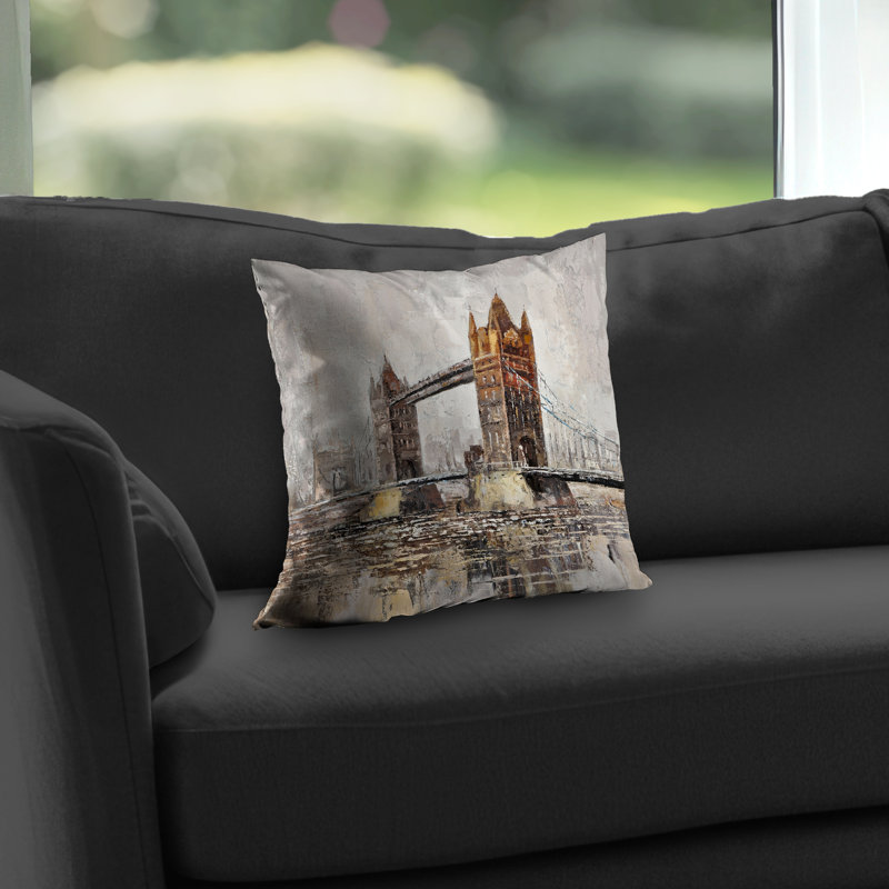 London Tower Bridge Orange Poly Twill Throw Pillow – Poly Twill Throw Pillow with Insert, Double-Sided Print, Square 14"