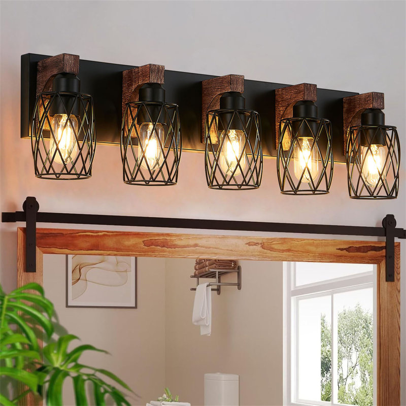 Vintage Walnet Wood Metal Structure Vanity Light with Black Mesh Shades, 5
