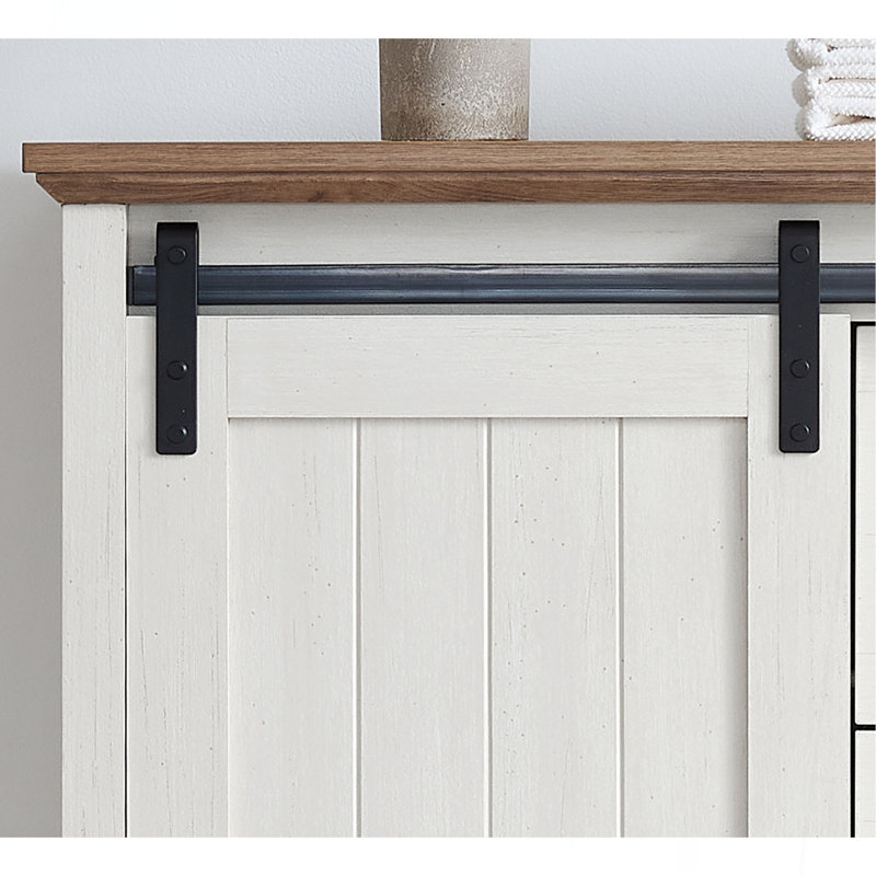 Daneal Farmhouse Dresser with 5 Drawers, Sliding Barn Door and Adjustable Shelves, White