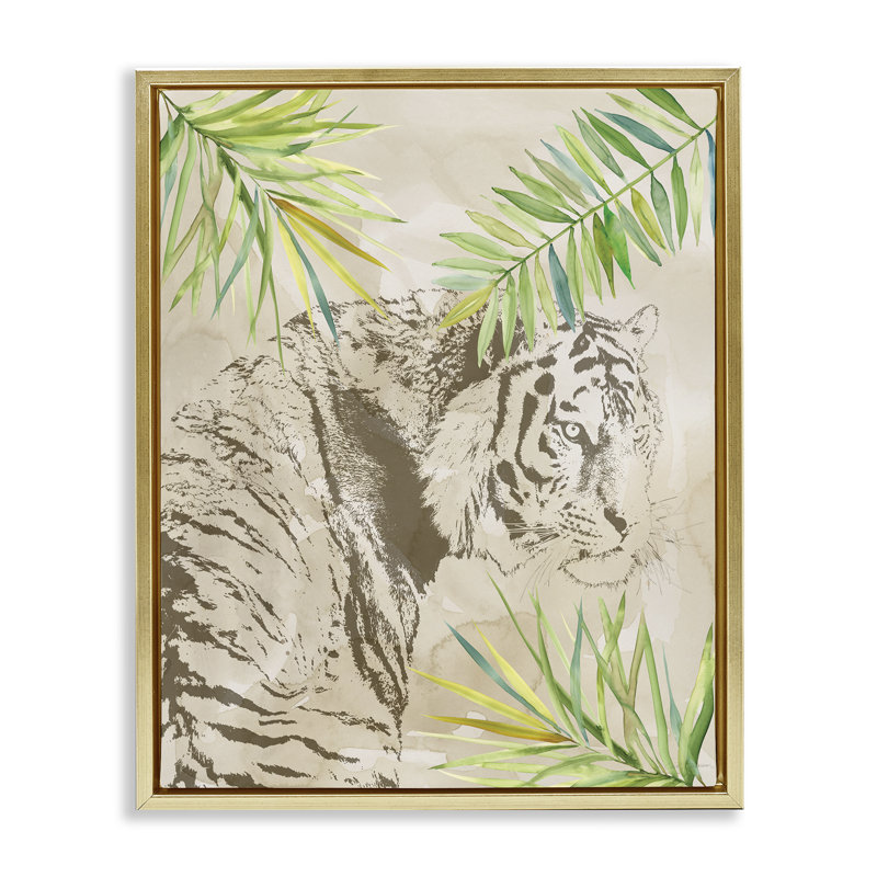 Impression sur toile «Tiger Impression & Palms Floater» par Carol Robinson, Cadre flottant métallique doré, H 21 po x l 17 po