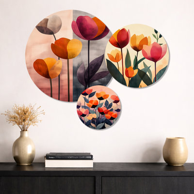 Retro Tulip Lounge Print - rose floral, art mural en métal 3 pièces