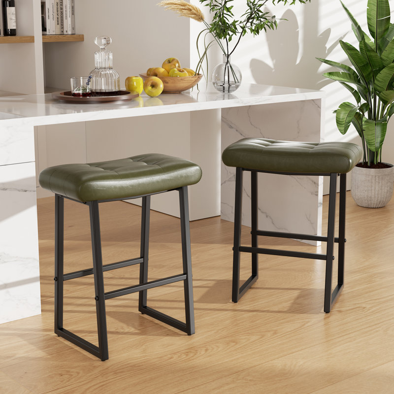 Upholstered Counter Stool with Metal Frame, Black, Green