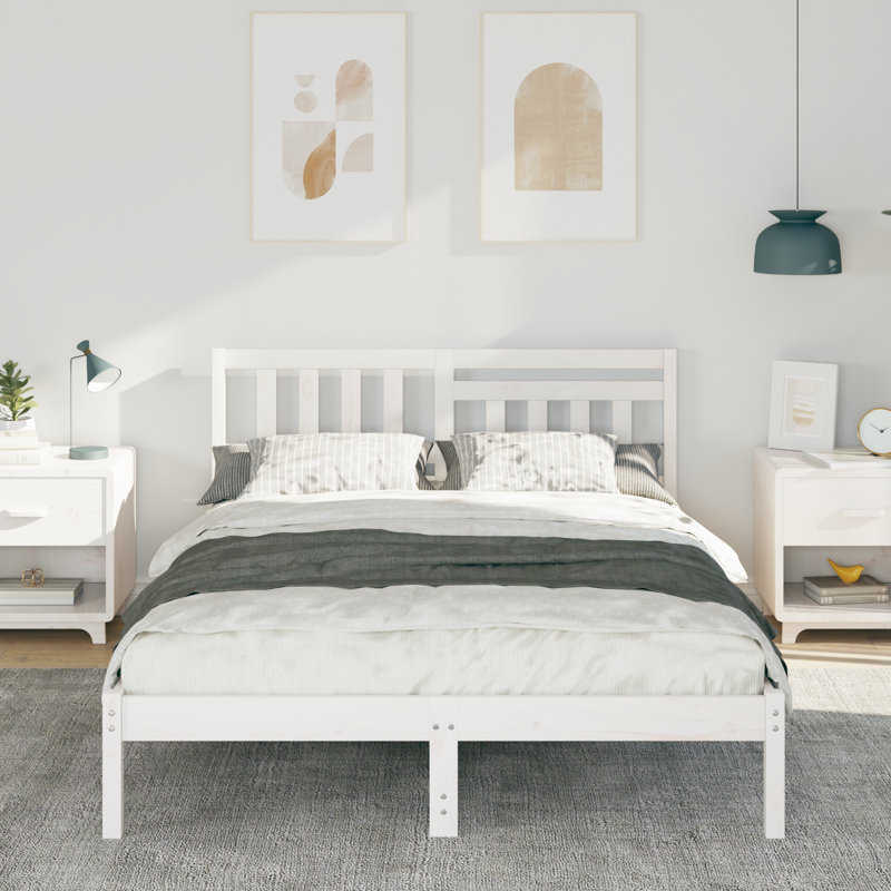 With Headboard Wax Solid Pine Wood, Double (4'6), White