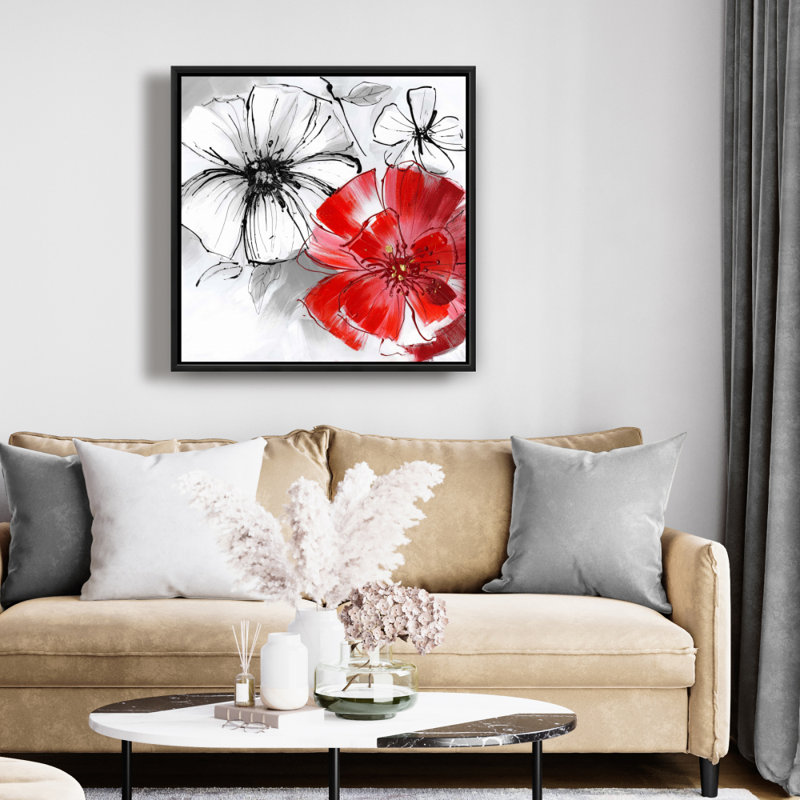 Toile botanique blanche florale - croquis de fleurs rouges et blanches