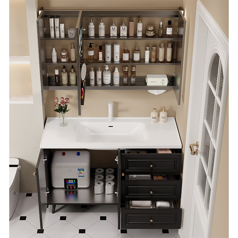 Meuble-lavabo en acier inoxydable à finition noire avec lavabo en céramique French Retro