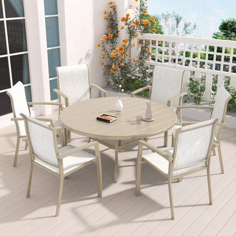 7 Pieces Patio Dining Set,Patio Stackable Dining Chairs and Outdoor Metal Round Table, Sandstone