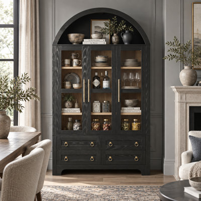Armoire de rangement Novelle 72,8 po de style ferme moderne en bois d'ingénierie avec portes vitrées et étagères réglables
