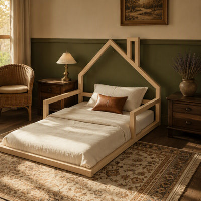 Wood Floor Bed with House-shaped Headboard