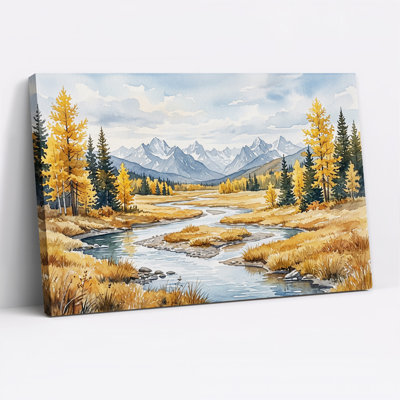 Tableau sur toile représentant une rivière de montagne enneigée avec des arbres dorés