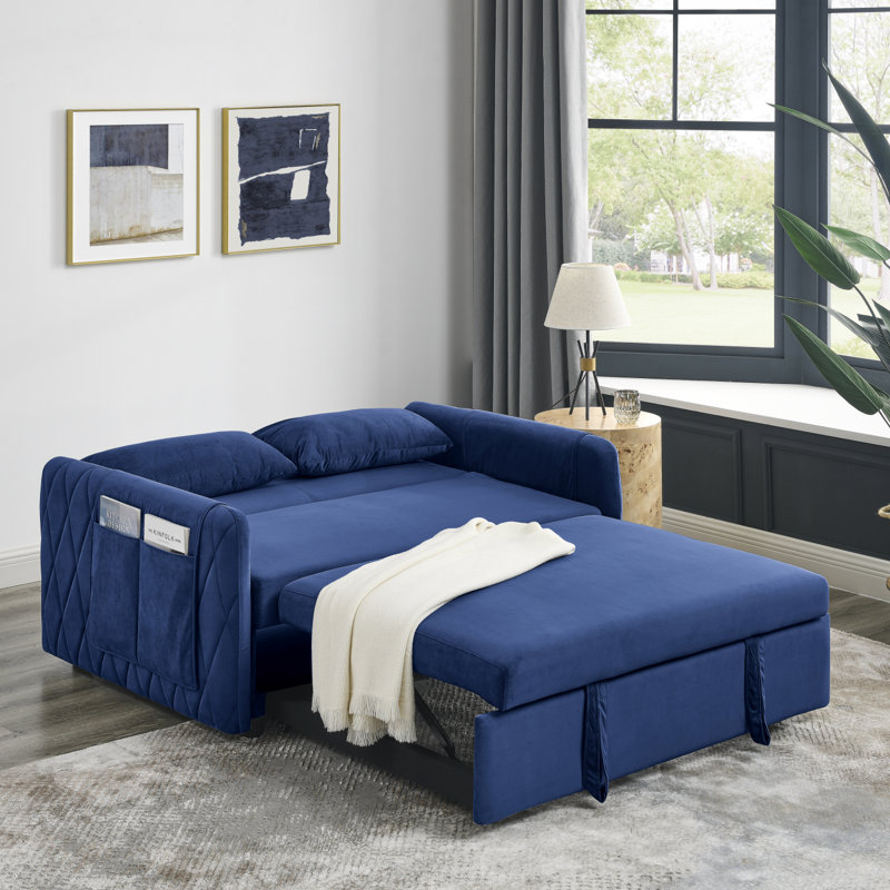 55" Modern Convertible Sofa Bed With 2 Detachable Arm Pockets, Velvet Loveseat Sofa With Pull Out Bed, 2 Pillows And Living Room Adjustable Backrest, Grid Design Armrests