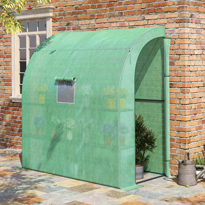 7' X 3' X 7' Lean To Greenhouse, Walk-In Green House, Plant Nursery With 2 Roll-Up Doors And Windows