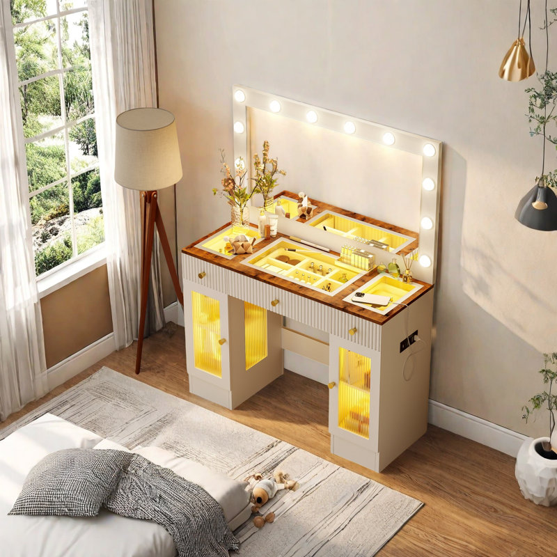 Table de coiffeuse avec miroir et lumières, bureau de maquillage rétro et moderne avec plateau en verre, armoires d'éclairage ambiant RVB, station de charge, 3 modes de couleur et luminosité réglable